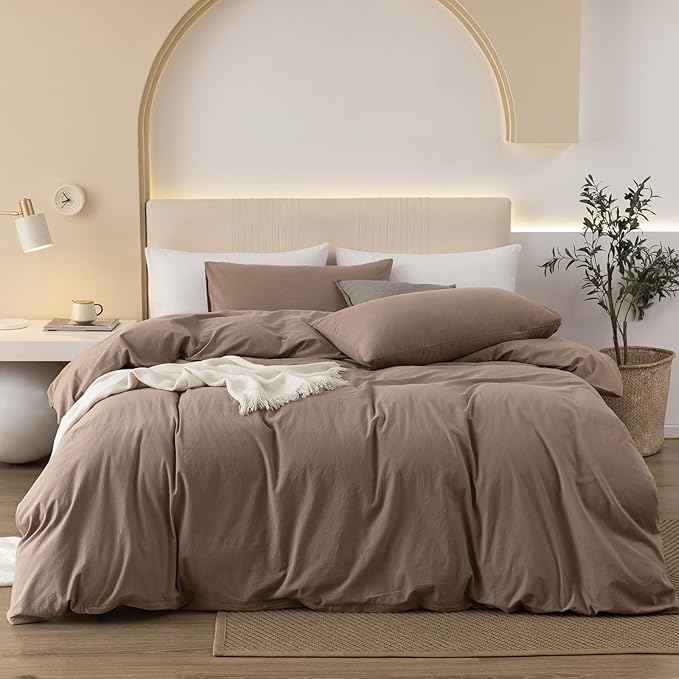 JIYUAN 100% Washed Cotton Duvet Cover Set 3 PCS Oversized King Plus, 1 Duvet Cover 128"x120"(Comforter Not Included) and 2 Pillowcases,Linen Feel Bedding Set Comfy and Breathable,Light Brown