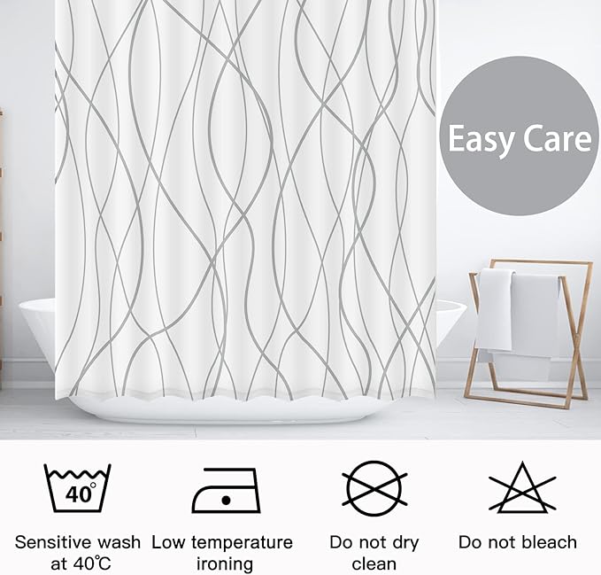 Punkray Polyester Shower Curtain Grey and White Striped for Bathroom with Hooks, Extra Long 84 Inches, Weighted Hem, Waterproof Bath Accessories Hotel Style - Machine Washable