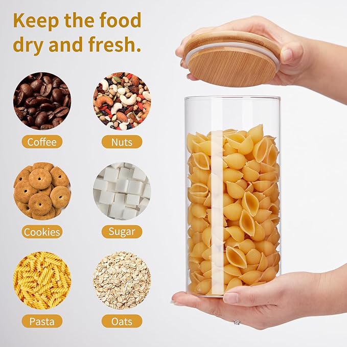 Glass Food Storage Jars with Lids[Set of 3], Perfect for Pasta, Cookies, Nuts, Coffee, Cereal, Flour, and More, Organize Your Kitchen and Pantry with these BPA-Free Glass Canisters