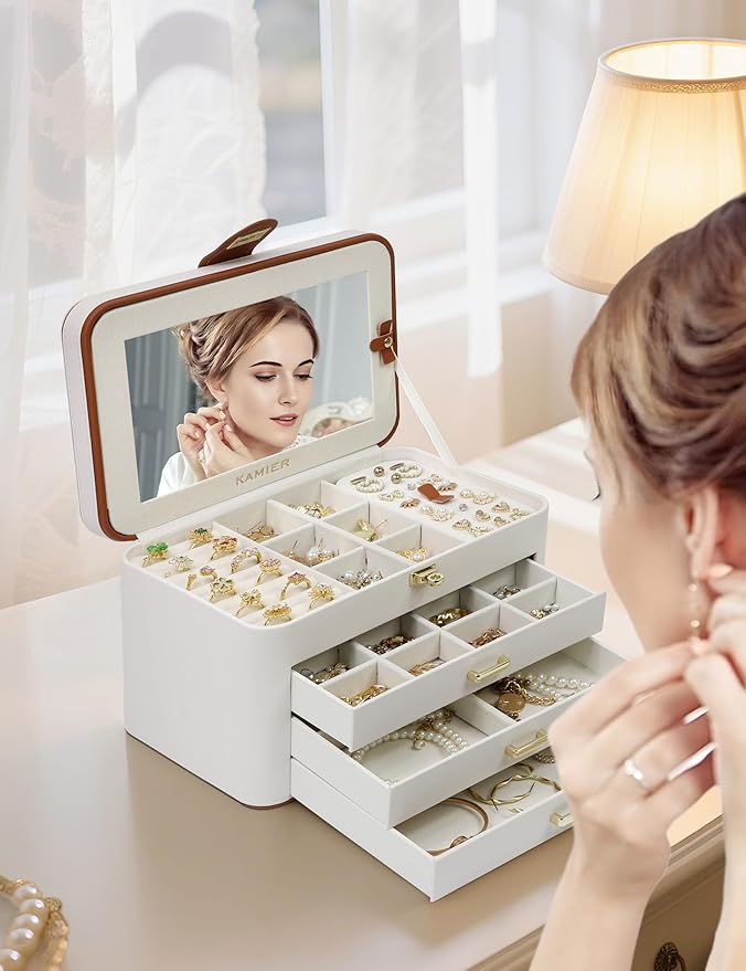 KAMIER Jewelry Boxes for Women, 4 Layer Jewelry Organizer with Mirror, 3 Drawers, Jewelry Storage Box, Christmas Gift, for Earring, Necklace, Bracelet, Ring, White