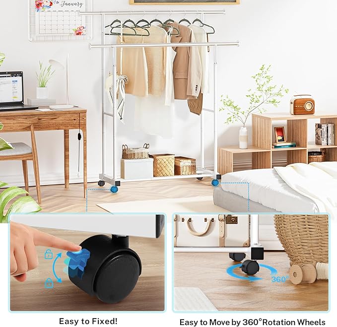 Double Clothing Rack, 55.51 Inch Garment Rack with Wheels and Bottom Shelf, 130LB Capacity Heavy Duty Rolling Clothes Racks for Hanging Clothes, Coats, Shirts, Sweaters, Skirts, White