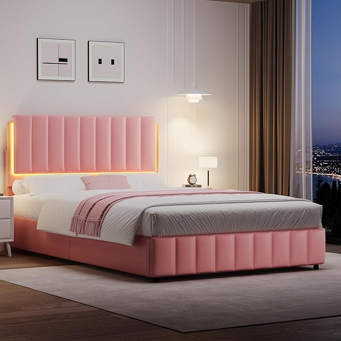 Queen Bed Frame with Headboard and LED Lights, Modern Upholstered Faux Leather Platform Bed with Wooden Slats Support, No Box Spring Needed, Easy Assembly, Pink