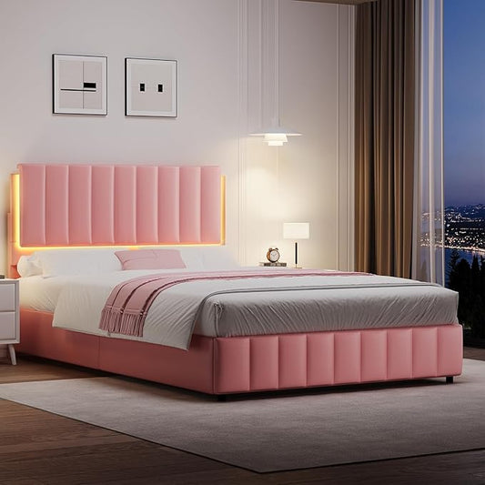Queen Bed Frame with Headboard and LED Lights, Modern Upholstered Faux Leather Platform Bed with Wooden Slats Support, No Box Spring Needed, Easy Assembly, Pink