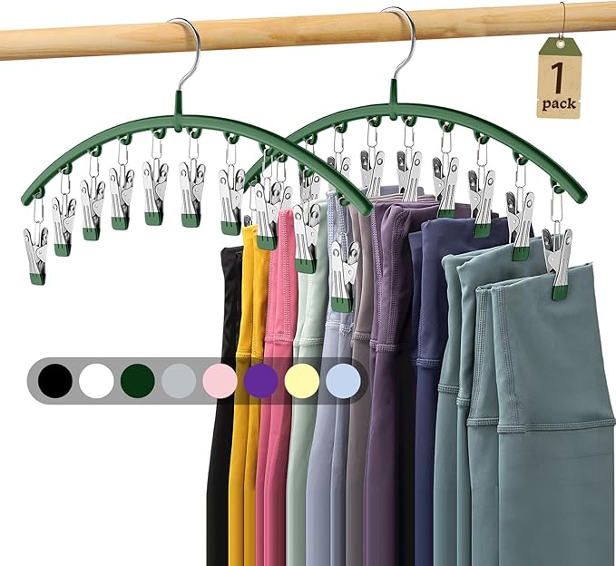 Legging Organizer for Closet, Metal Yoga Pants Hangers 1 Pack w/10 Clips Holds 10 Leggings, Space Saving Hanging w/Rubber Coated Closet Organizers and Storage, Green