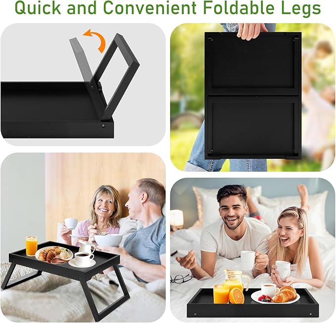 Bamboo Bed Tray Table with Foldable Legs, Breakfast Tray, Laptop Desk for Bed or Sofa,Food,Dinner,Serving,TV Table Kitchen, Eating,Working, Reading(Black)