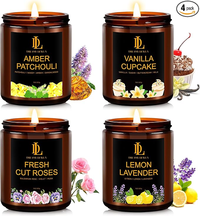 4 Pack Scented Candles Gift Set, 28oz Soy Candle for Home Scented, Aromatherapy Candle Gifts for Women & Men, Scents of Fresh Cut Roses/Lemon Lavender/Vanilla Cupcake/Amber Patchouli