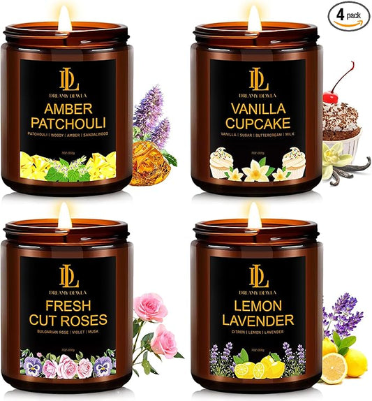 4 Pack Scented Candles Gift Set, 28oz Soy Candle for Home Scented, Aromatherapy Candle Gifts for Women & Men, Scents of Fresh Cut Roses/Lemon Lavender/Vanilla Cupcake/Amber Patchouli
