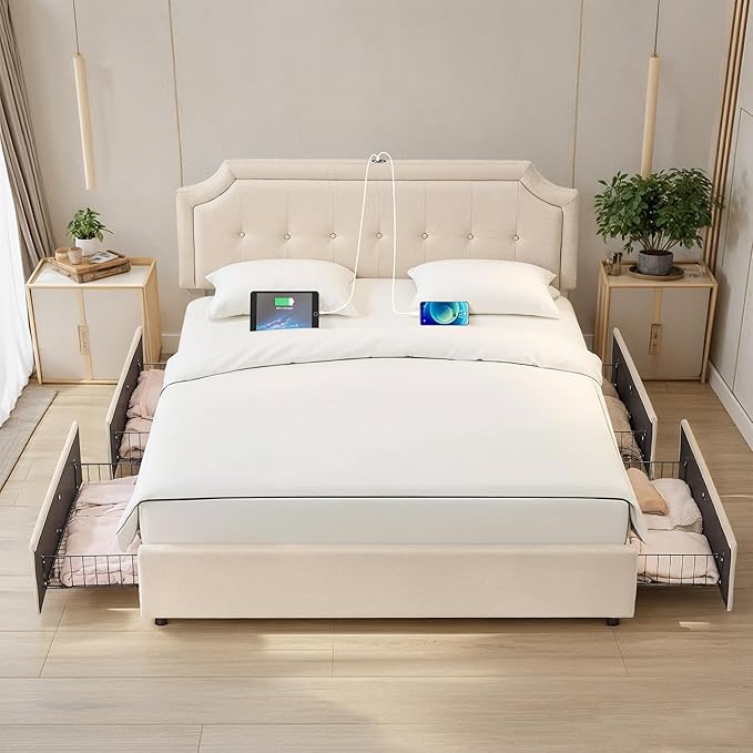 VECELO Queen Size Platform Bed Frame with 4 Storage Drawers,Fabric Upholstered Headboard and Wooden Slats Support,Built-in USB and Type C Ports, No Box Spring Needed,Easy Assembly