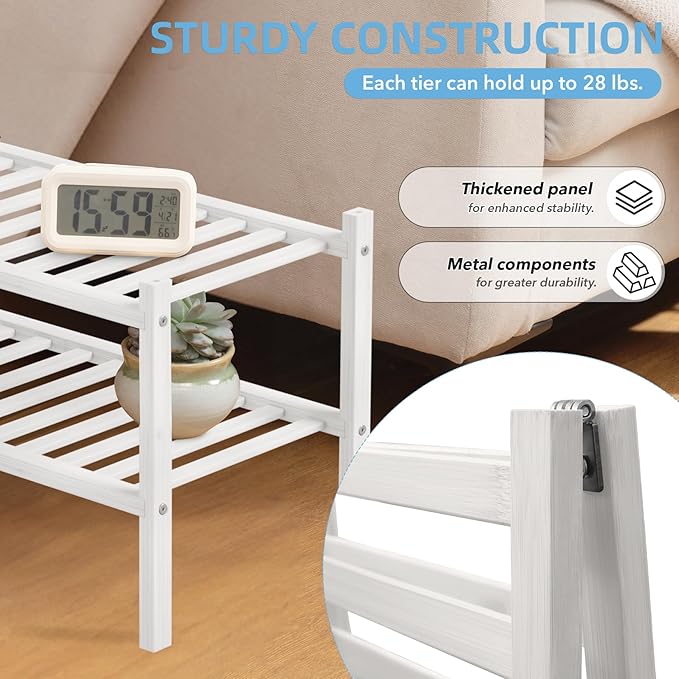 2 Tier Bamboo Shoe Rack Storage Organizer for Closet, Multifunctional Stackable Free Standing Shoe Shelf Organizer for Small Space,Entryway, Hallway, Bathroom27 x11 x13 (White, 2 Tier)