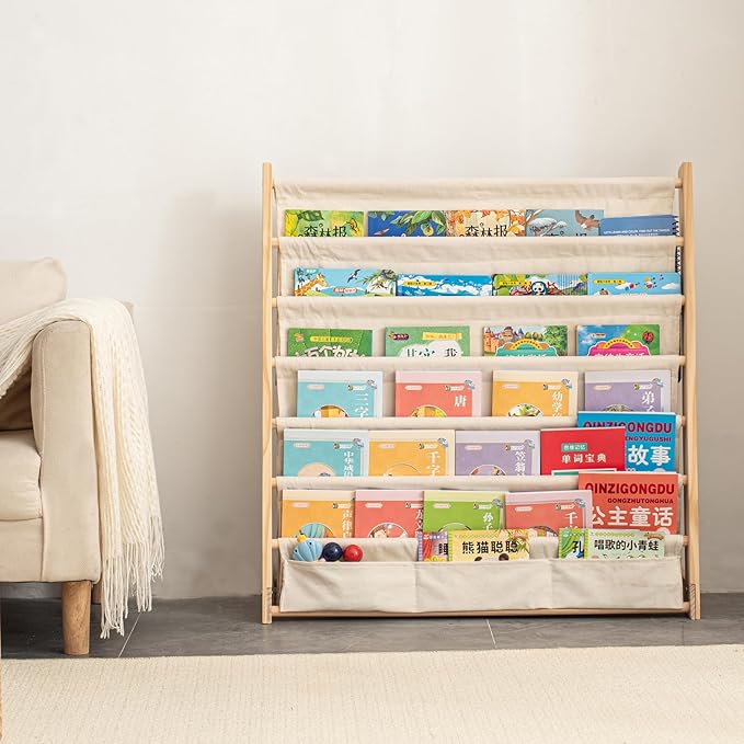 7 Tier Wooden Kids Bookshelf Book Holder Natural Wood Book Rack Storage Bookshelf for Kids Room Study Room Play Room Toy Storage Organizer (W: 29.52")