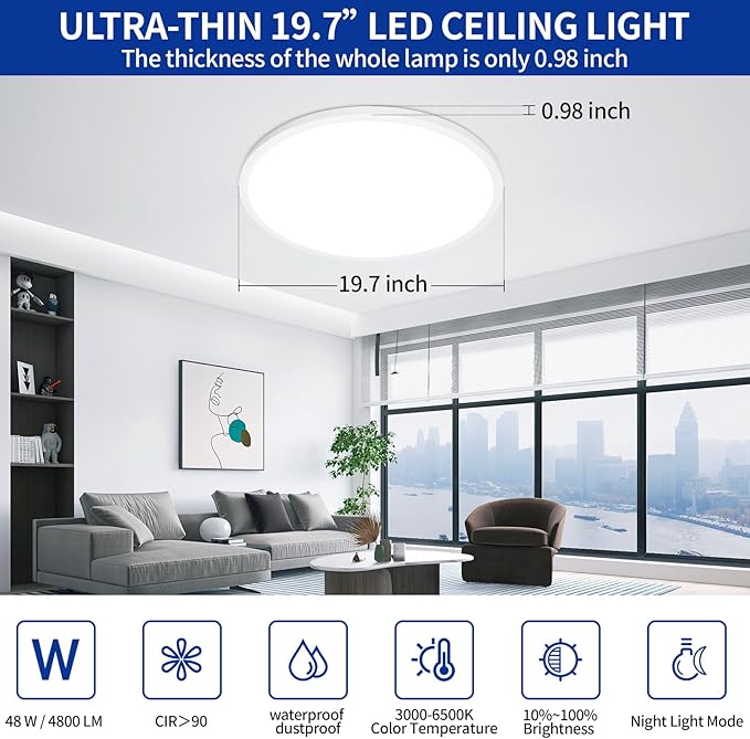 20 Inch Led Flush Mount Ceiling Light Fixture Dimmable with Remote Control, White, Ultra Thin, 48W 4800Lumen, for Bedroom, Living Room, Kitchen, Dining Room, Home Office
