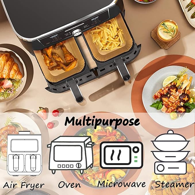 Air Fryer Paper Liners for Dual Zone Airfryer, 8.1x5.5 inch Rectangle Disposable Parchment Inserts for Two Drawer Ninja Double Stack XL 8-10 Quart Air Fryers, Food Grade Accessories BPA free