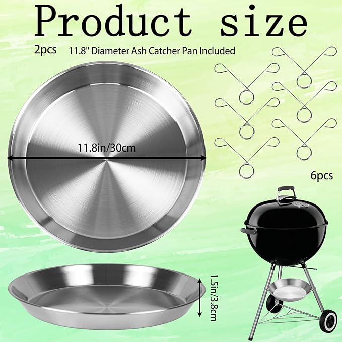 2 Pack 11.8" Ash Catcher Pans with Clips for Weber 18" 22" Kettle Grill, Heavy-Duty Metal Ash Pan Replacement for Charcoal Grill, BBQ, Campfire, Fireplace
