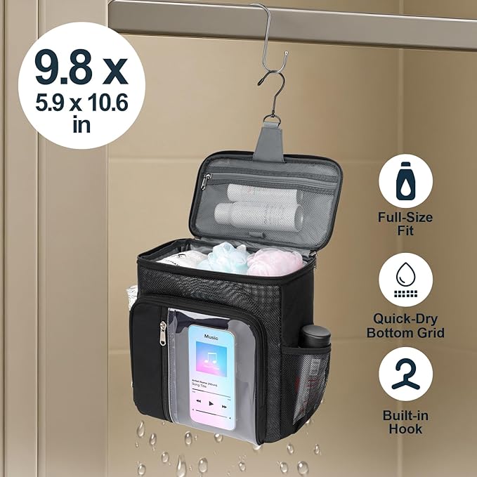 F-color Hanging Shower Caddy Portable - College Dorm Essentials for Guys with Hooks, Quick-Dry Shower Bag for Dorm Travel Gym Camping Essentials, Water-Resistant with Multiple Pockets, Black