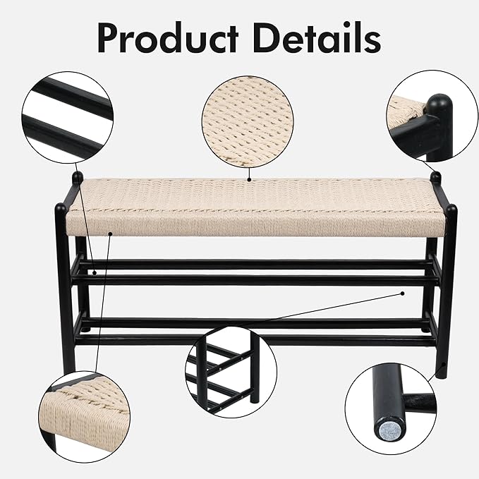 Solid Wood Entryway Bench with Shoe Storage, Rustic Oak Wood and Woven Design 39.4 Inch Long Seating for Living and Dining Rooms, 3-Tier Black