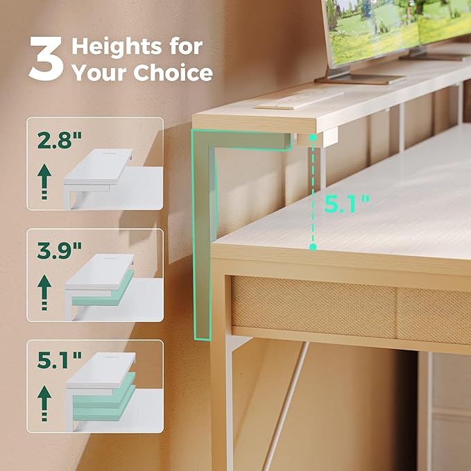 Huuger Gaming Desk with 6 Drawers, Computer Desk with LED Lights Power Outlets and Type-C, 47 Inch Office Table with Storage, Monitor Stand, Writing & Work Home Office, Bedroom, Study, White