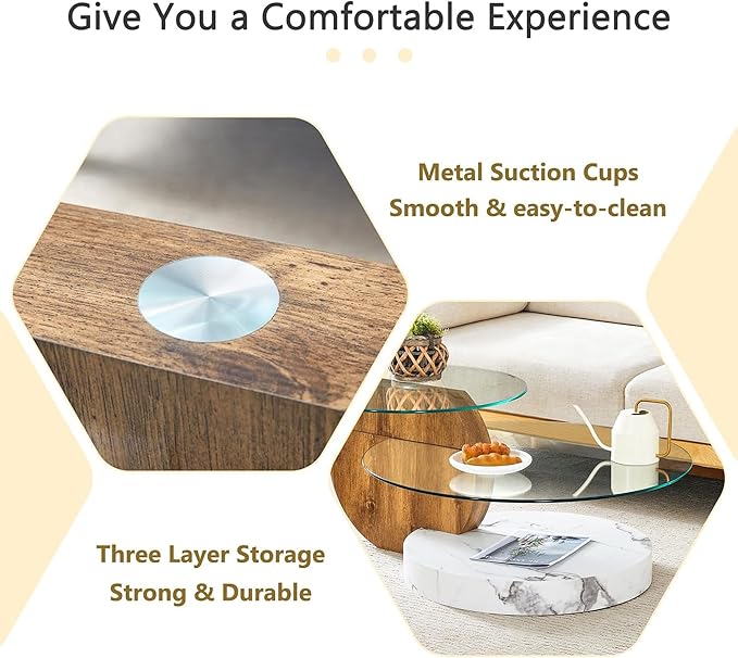 Glass Coffee Table, Modern Round Glass Coffee Table with Wooden Base, 3 Tier Round Coffee Table, Clear Cocktail Table with Storage for Living Room, Office, Balcony, Wood and White