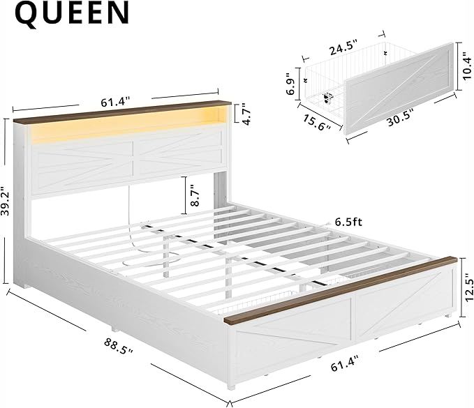 IRONCK Farmhouse Queen Size Bed Frame with LED Light and Charging Station, Wood Bed Frame with Storage Headboard and 2 Drawers， Barn Door Design, Sturdy and Noiseless, White