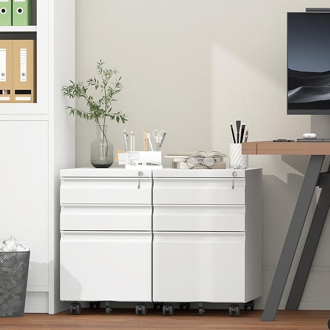 Filing Cabinets, Mobile File Cabinet with Lock for Home Office, 3 Drawer Filing Cabinet for A4/Letter/Legal Size Folder, Metal Vertical White Filing Cabnet on Wheels