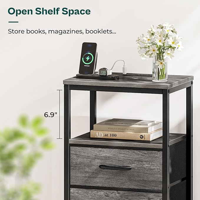 Huuger Nightstand with Charging Station, Fabric Drawers, End Table with Open Shelf, Bedside Table with USB Ports and Outlets, Night Stand for Bedroom, Gray