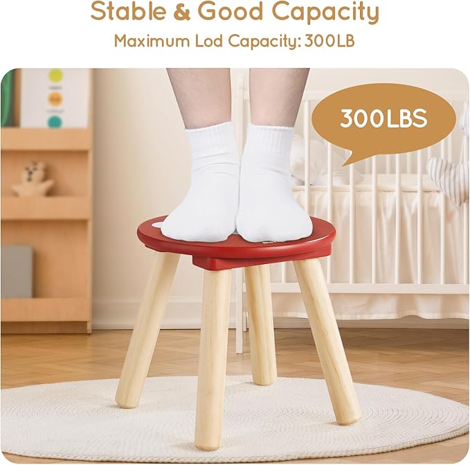 Beright Wooden Step Stool for Kids, Children's Stool Perfect Matched Sensory Table, 9 Inch Sturdy Sitting Stool with Assembled Four-Legged, Mushroom, 1 Pack