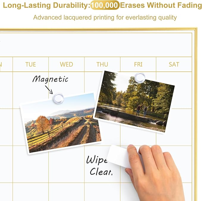 ARCOBIS Dry Erase Calendar with Cork Board, 36"x24" Magnetic White Board Calendar Dry Erase for Wall, Gold Frame Combination Board for Office, Home, School