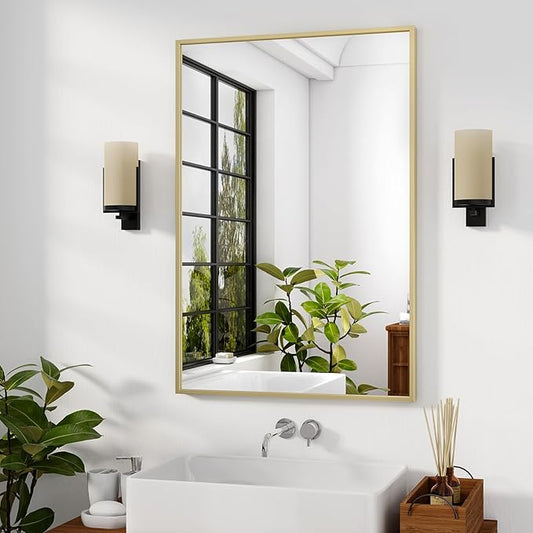 HARRITPURE 28"x20" Framed Bathroom Mirror for Wall Rectangle Mirror Aluminum Alloy Frame Wall-Mounted for Farmhouse Entryway Bedroom Living Room Gold