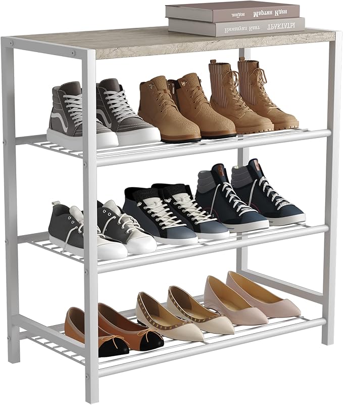 HOMEFORT 4-Tier Shoe Rack, Modern Industrial Shoe Storage Tower, Narrow Shoe Organizer for Closet Entryway, Small Shoe Rack Table with Durable Metal Shelves and MDF Top, White Oak