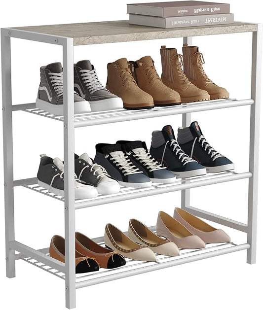HOMEFORT 4-Tier Shoe Rack, Modern Industrial Shoe Storage Tower, Narrow Shoe Organizer for Closet Entryway, Small Shoe Rack Table with Durable Metal Shelves and MDF Top, White Oak
