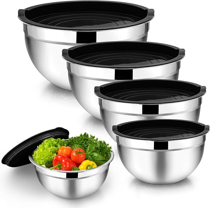 TeamFar Mixing Bowl Set of 5, 4.5/3/1.5/1/0.7 QT, Stainless Steel Metal Nesting Salad Bowl with Lid Set, Ideal for Mixing Serving, Non-Toxic & Sturdy, Airtight Lid & Easy Clean, Black