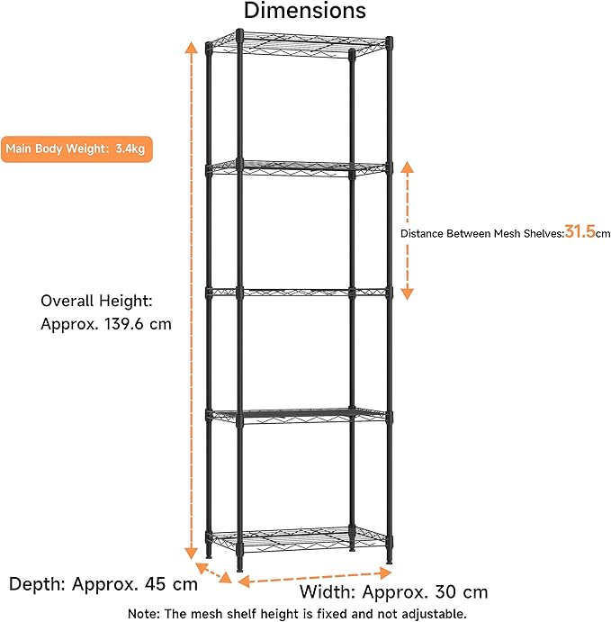 IZEUK 5 Tier Metal Wire Shelf Unit, Black Storage Rack Organizer for Kitchen, Bedroom, Living Room or Laundry Room, 17.7" W x 11.8" D x 55.0" H