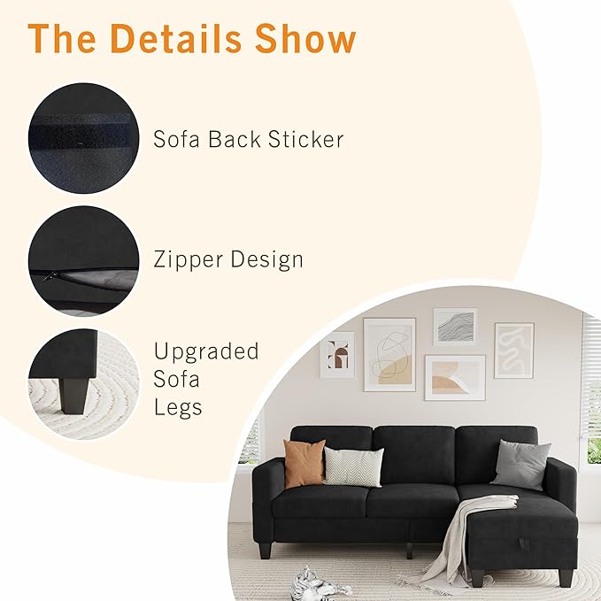 Sectional Sofa Couches for Living Room - Black 3 Seat L-Shaped Couch with Storage Ottoman, Comfy Velvet Convertible Sectionals Sofas with Chaise for Apartment, Office, Small Space