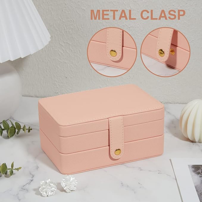 Jewelry Boxes For Girls And Women, Pu Leather Made Portable Jewelry Organizer Travel Case,3 Layers Girl Jewelry Box For Rings, Earings, Necklaces, Bracelets, Watches And Lipsticks (pink)