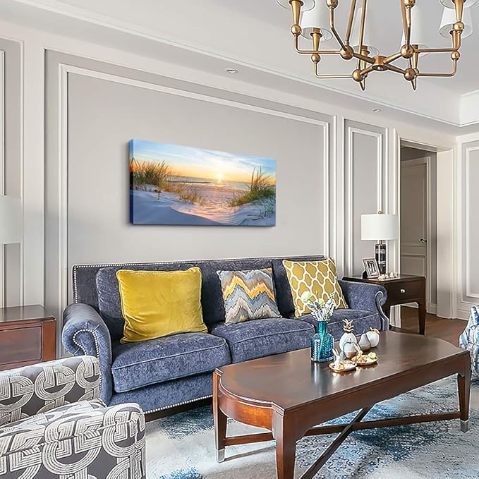 Wall Art For Living Room Large Size Wall Decorations Pictures Blue Sun Beach Grass Ocean Landscape Painting Office Wall Decor Canvas Prints Ready To Hang For Home Decoration Works Of Art 24" X 48"