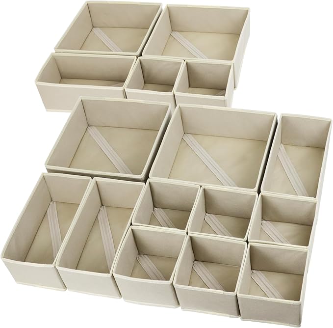 16 Pcs Drawer Organizer,Fabric Closet Organizer and Storage Baskets,Foldable Drawer Divider for Clothing,Sock,Ties,Underwear Storage,Cabinet Storage Boxes (Beige)