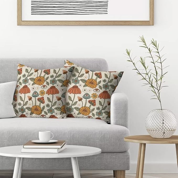 BETGINY Boho Throw Pillow Covers 20x20 Set of 2, Yellow Orange Fun Cute Mushrooms Retro Decorative Outdoor Pillow Covers 70s Vintage Floral Linen Farmhouse for Couch Sofa Summer Home Decor