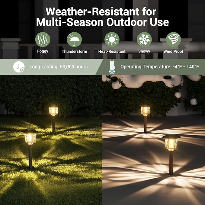 XMCOSY+ Solar Outdoor Lights Waterproof IP65, Solar-Powered Garden/Yard/Pathway Lights with Warm White 2-Tone Bronze-Wood Stainless Steel Design for Landscape Driveway Walkway Decorative