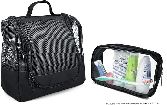 The Fine Living Co. Portable Hanging Shower Caddy Organizer Bag (Free Toiletries Case+Metal Hook) Quick Dry Mesh Shower Caddy Tote Bag Pouch For Bathroom College Dorm Camp Gym Camping 10”x4”x8”(Black)