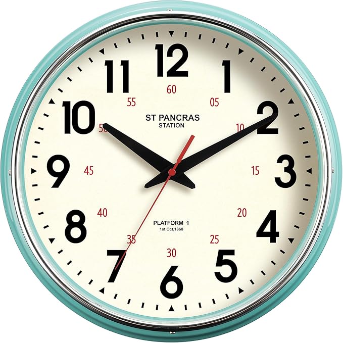 Wall Clock Metal 12.4" Vintage Retro Wall Clocks Countryside Style Silent Non Ticking Easy to Read for Living Room, Kitchen, Bedroom, Office, Bar(12.4" Teal)