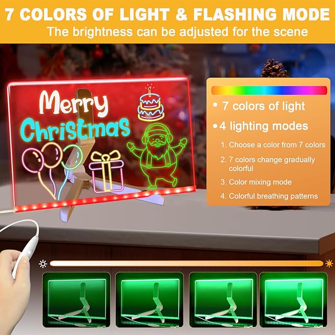 LED Acrylic Message Board, Light Up Acrylic Dry Erase Board with 7-Color Light, LED Note Board with Colors for Kids, Glow Memo Message Writing Board with Light, Drawing Stencils Set Included