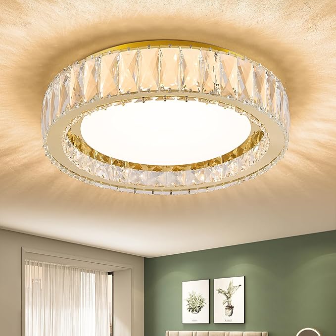 15 Inch Dimmable LED Crystal Flush Mount Ceiling Light,Modern Gold 36W 5CCT 3000K-6000K Chandelier Large Round Lighting Fixtures for Bedroom,Living Room,Laundry Room,Dining Room