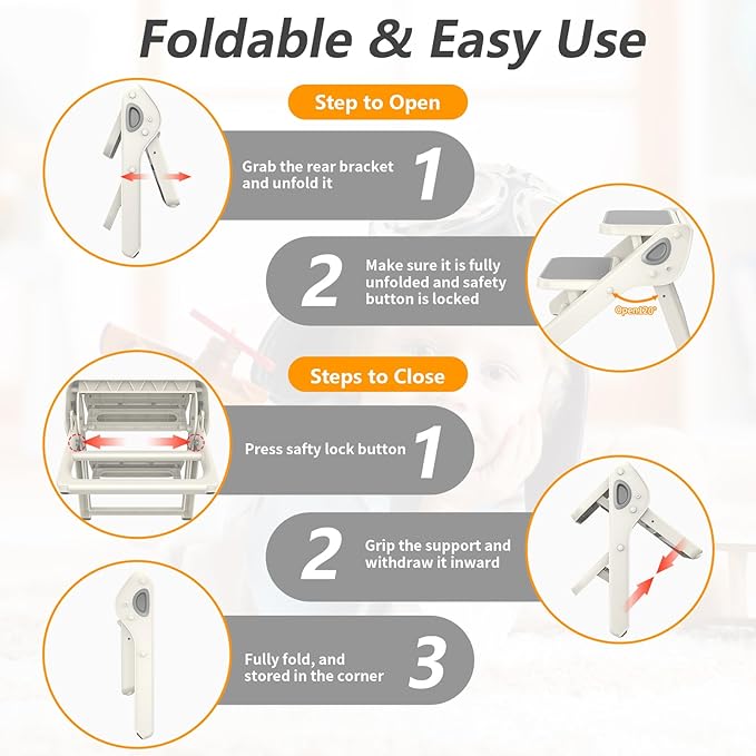 Toddler Step Stool, iNeibo 2-Step Foldable Step Stool for Kids, Widened & Thickened with Anti-Slip Design, Safer for Children Use for Kitchen, Bathroom, Toilet Training - Gray