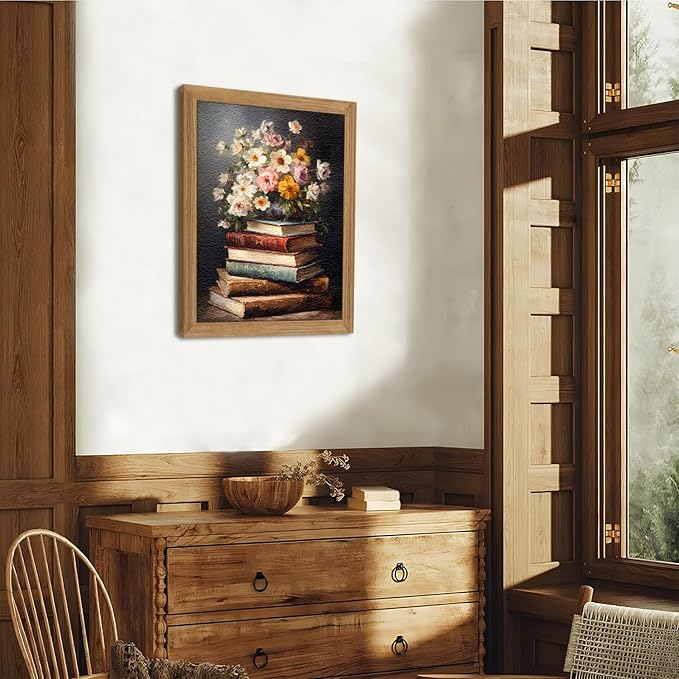 Framed Vintage Floral Wall Art - 3D Textured Flowers Books Sandstone Hand Drawn Art Oil Painting - Minimalist Botanical Wall Decor for Bedroom Living Room Office Decor 16X24in