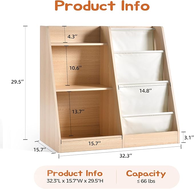 3 Tier Kids Wooden Bookshelf Baby Toddler Bookshelf and Toy Storage Organizer with Three Layer Sling Bookcase for Kids Room Playroom Nursery Classroom