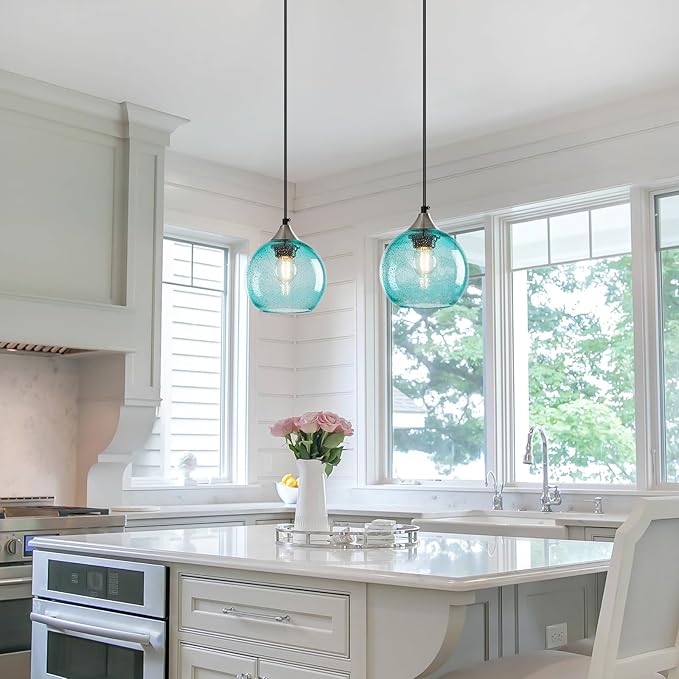 Light Blue Glass Pendant Lights Kitchen Island Globe Pendant Light Fixtures Modern Pendant Lighting for Bedroom Living Dining Room Light Fixture (5.9 in, 1 Pack)
