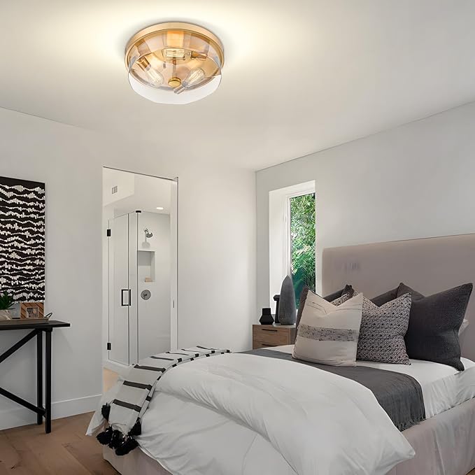 Gold Flush Mount Ceiling Light, 3-Light Hallway Light Fixtures, Modern Farmhouse Farmhouse Ceiling Light Clear Glass Brushed Gold Finish for Kitchen Porch Entryway