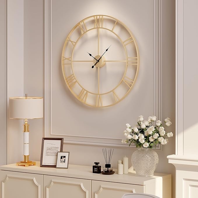 Large Wall Clock 36 Inch Gold Wall Clock Battery-Operated, Modern Metal Roman Numeral Decorative Clock for Living Room Decor, Dinning Room, Office, Kitchen, Mantel, Home Decor