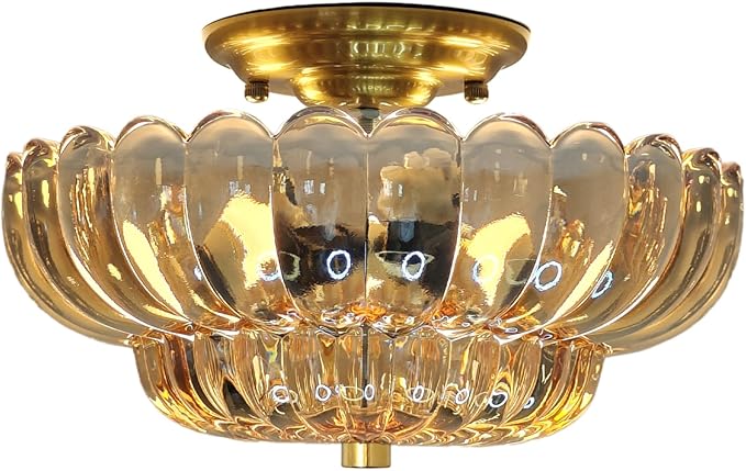 Gold Semi Flush Mount Ceiling LightAmber Glass Chandeliers Modern Light Fixture Kitchen Lights Ceiling Suitable for Hallway Living Room Kitchen Bedroom (Bulb Not Included)