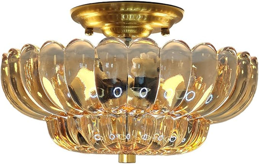 Gold Semi Flush Mount Ceiling LightAmber Glass Chandeliers Modern Light Fixture Kitchen Lights Ceiling Suitable for Hallway Living Room Kitchen Bedroom (Bulb Not Included)