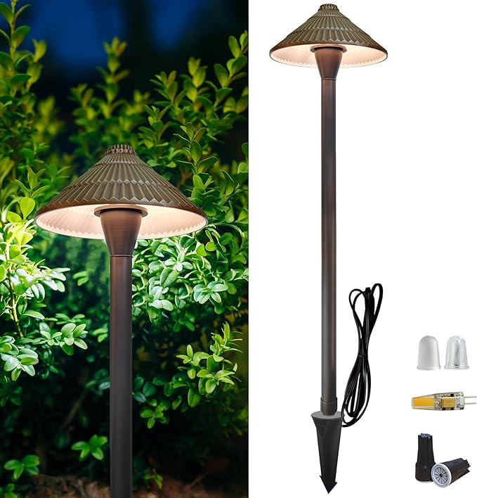 Solid Cast Brass Pathway Lights, 12V Low Voltage Landscape Lighting LED Path Lights with G4 Bulb for Outdoor Walkway, Garden, 23" Tall, 7.5" Shade